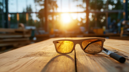 Protective eyewear on wood table, sun setting behind workshop windowの素材