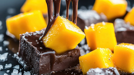Panna cotta topped with rich chocolate drizzle and bright mango cubesの素材
