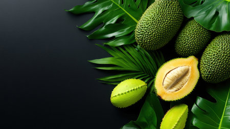 Rustic composition featuring unripe jackfruit and vibrant tropical leavesの素材