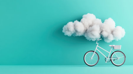 Surreal scene with white bicycle and soft cloud in stylized blue backgroundの素材