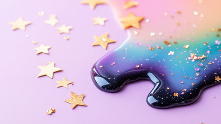 Whimsical shot of melted rainbow goo and gold paper stars on a magical pastel backdropの素材