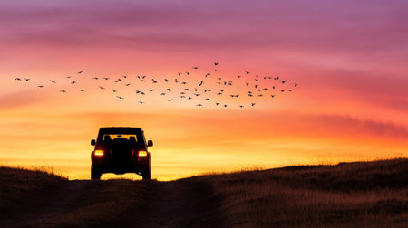 Vehicle silhouette beneath a dramatic sky filled with birds at golden hourの素材