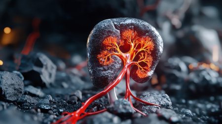 Highly detailed kidney with arteries and veins displayed on dramatic dark backdropの素材