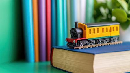 Playful train toy on colorful books, set against calm green tone for learning and explorationの素材