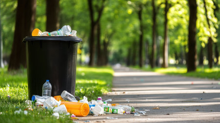A park scene showing a bin spilling over with both recyclables and general waste, surrounded by litterの素材