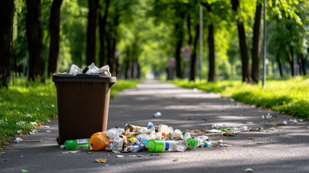 A park scene showing a bin spilling over with both recyclables and general waste, surrounded by litterの素材
