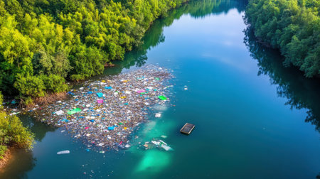 Aerial view of land covered in plastic waste contrasting natural earth tonesの素材