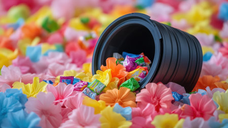 A recycling bin lost in a sea of flowers, brightly colored candy wrappers tumbling outの素材