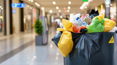 A shopping mall trash bin with bags of waste spilling over, filled with both clean and soiled recyclablesの素材
