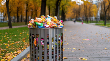 A metal trash can overflowing with colorful crumpled snack wrappers in a city parkの素材