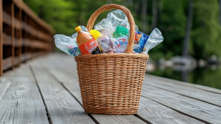 A rustic wicker basket crammed with plastic food wrappers and containers on a wooden deckの素材