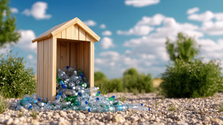 A small wooden recycling container with an overflowing pile of plastic bottles on a sunny dayの素材