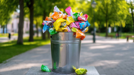 A metal trash can overflowing with colorful crumpled snack wrappers in a city parkの素材