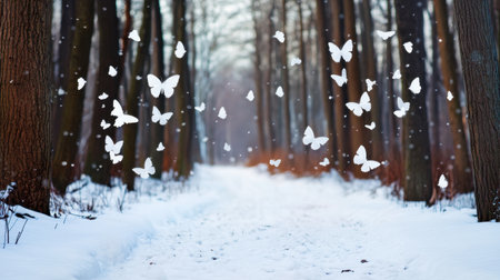 A quiet snowfall in the woods, accented by fluttering white butterfly silhouettesの素材