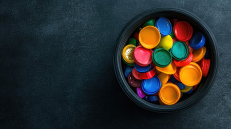 A top-down view of a dark bin with multi-colored bottle caps inside, representing recycling effortsの素材
