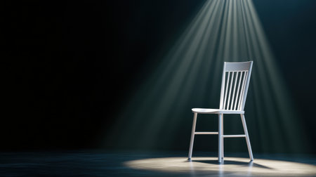 A single white chair under a spotlight in a moody, dark interiorの素材