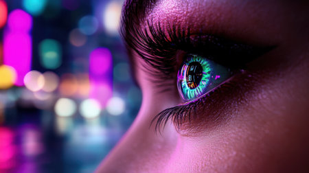 An artistic shot of a woman eye absorbing the colors of a neon metropolisの素材
