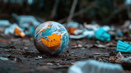 A planet toy surrounded by carelessly discarded masks and bottles, hinting at environmental neglectの素材