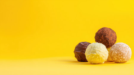 Artful arrangement of chocolate truffles with textured coatings on a sunny yellow backdropの素材