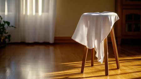 A soft white cloth draped over a wooden tripod stool in a warmly lit roomの素材