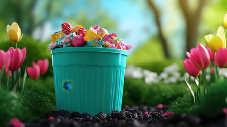 A whimsical garden scene with a teal recycling bin overflowing with candy wrappers and surrounded by blooming tulipsの素材