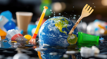A toy Earth drowning in takeout containers and plastic utensils, showing the cost of convenienceの素材