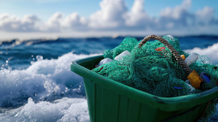 Bin overflowing with fishing nets and plastic litter, set against crashing ocean wavesの素材