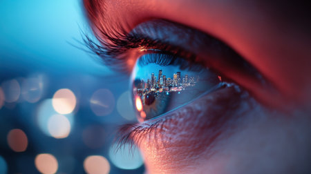 Aerial skyline at night reflected in the eye of a woman looking toward the horizonの素材