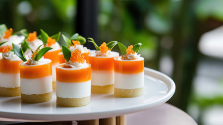 Artisanal Thai sweets in vivid layers of orange and white, complemented with lush green garnish on a platterの素材