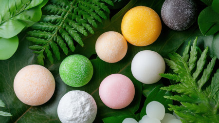 A variety of mochi in whimsical tones with glossy and powdery textures, surrounded by soft greeneryの素材