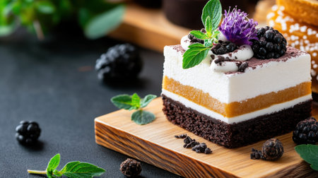 Aesthetic food photo with layered sweets and herbs on wooden backgroundの素材