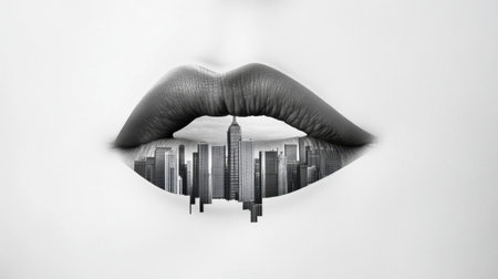 Abstract lips with skyscrapers forming the curve, bold contrast in black and whiteの素材