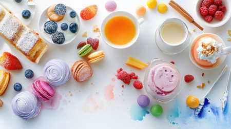 Artistic interpretation of dessert spread using soft watercolor paletteの素材