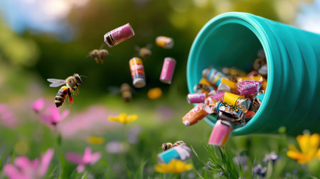 Candy wrappers spilling from a teal bin in a field of wildflowers, bees buzzing nearbyの素材