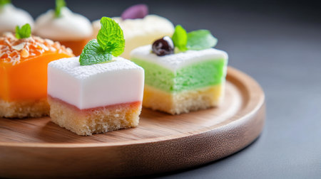 Assorted pastel-colored desserts on wooden plate garnished with fresh mint leavesの素材