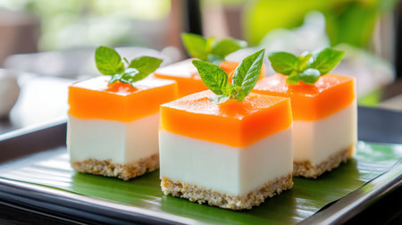 Artisanal Thai sweets in vivid layers of orange and white, complemented with lush green garnish on a platterの素材
