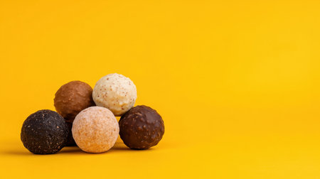 Artful arrangement of chocolate truffles with textured coatings on a sunny yellow backdropの素材
