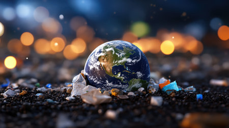 Artistic rendering of Earth wrapped in smog, trash, and plasticの素材