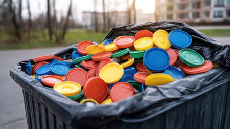 Bright plastic bottle caps piled in a dark bin, showing contrast between waste and recycling potentialの素材