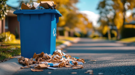 Blue recycling bin overflowing with crumpled papers and cardboard, beside a suburban drivewayの素材