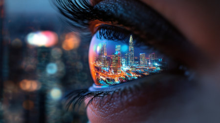 Aerial skyline at night reflected in the eye of a woman looking toward the horizonの素材