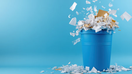 Blue recycling bin overloaded with paper and plastics on a windy dayの素材