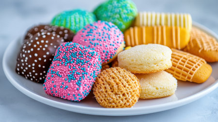 Assorted cookies and wafers in whimsical colors on a white ceramic plate, ready to enjoyの素材