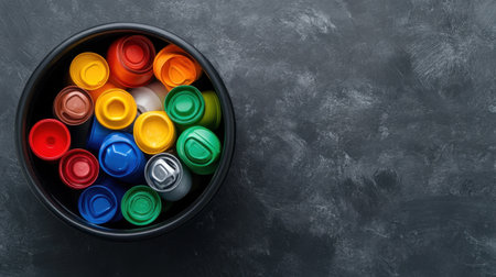 Artistic capture of recyclable caps nestled in a black bin, highlighting sustainable choicesの素材