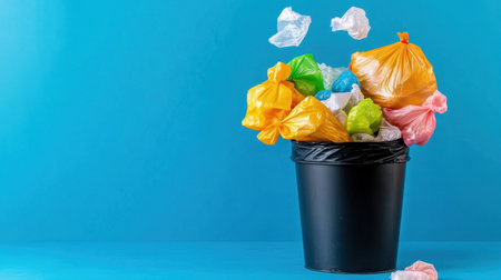 Broken recycling bin filled to the brim with used plastic bags, symbol of poor waste managementの素材