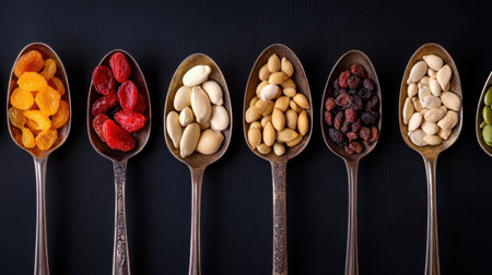 Assortment of nutritious seeds and dried fruits presented in vintage spoons over dark backgroundの素材