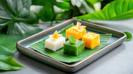 Brightly colored Thai desserts styled with green foliage on a ceramic plate, ready to be servedの素材