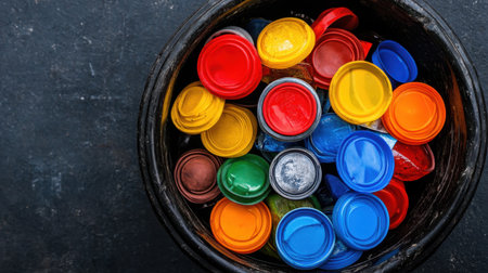 Caps from various bottles gathered in a moody dark bin, symbolizing organized recyclingの素材