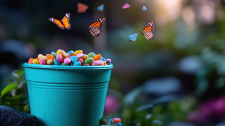Close-up of a teal bin packed with candy waste in a garden setting, with butterflies fluttering aroundの素材