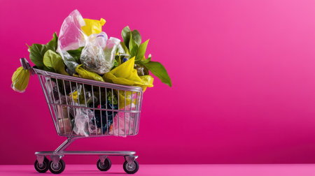 Compact cart overflowing with plastic trash on vibrant pink, environmental awareness imageの素材